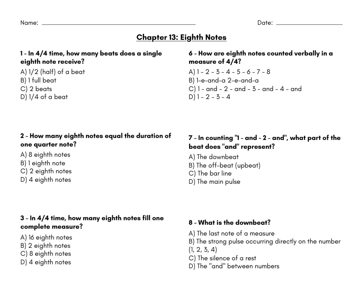 Top half of the Three Minute Theory Chapter 13 Eighth Notes worksheet, with multiple-choice questions about how many beats an eighth note gets and how eighth notes are counted in 4/4