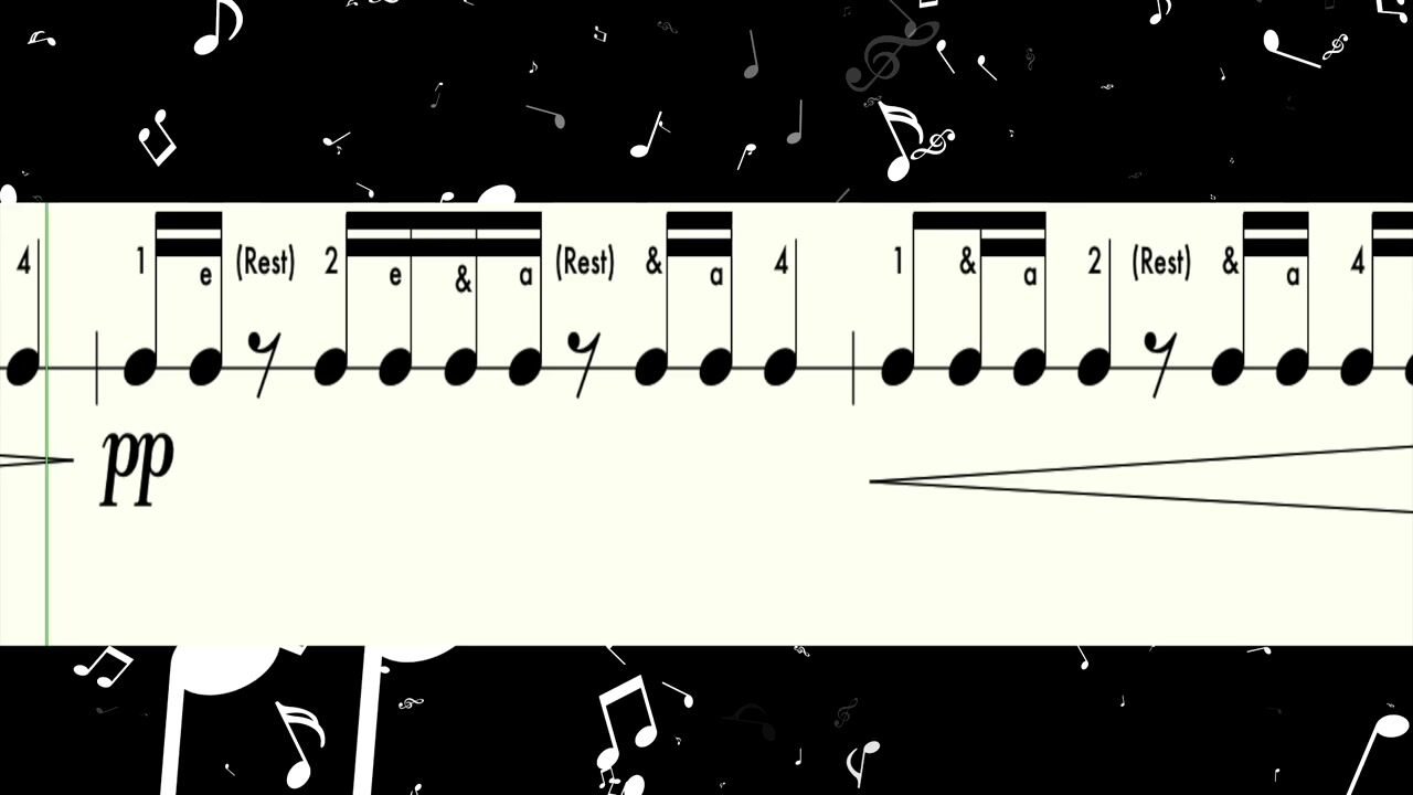 Rhythm Rumbler Level 30 with sixteenth notes and eighth notes counted 1 e and a, rests, a dynamic of pp, and a crescendo
