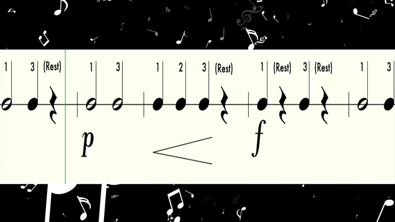 Rhythm Rumbler level 1 in Three Minute Theory: a single-line rhythm of half notes, quarter notes, and quarter rests with counts such as 1, 3, and (Rest) written above, and the dynamics p, crescendo, and f below