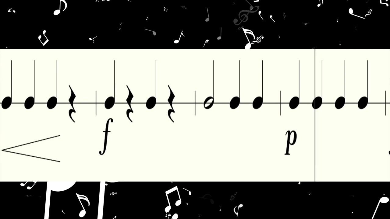 Rhythm Rumbler Level 1, Round 2: a rhythm of notes and rests with no counts written above, only the notes, rests, and the dynamics f and p