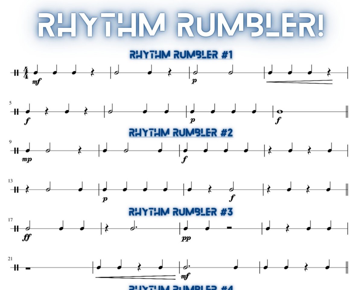 First page of the Rhythm Rumbler reproducible sheet music, showing Rhythm Rumbler #1, #2, and #3 as eight-measure rhythm lines in 4/4 with dynamics such as mf, p, f, ff, and pp