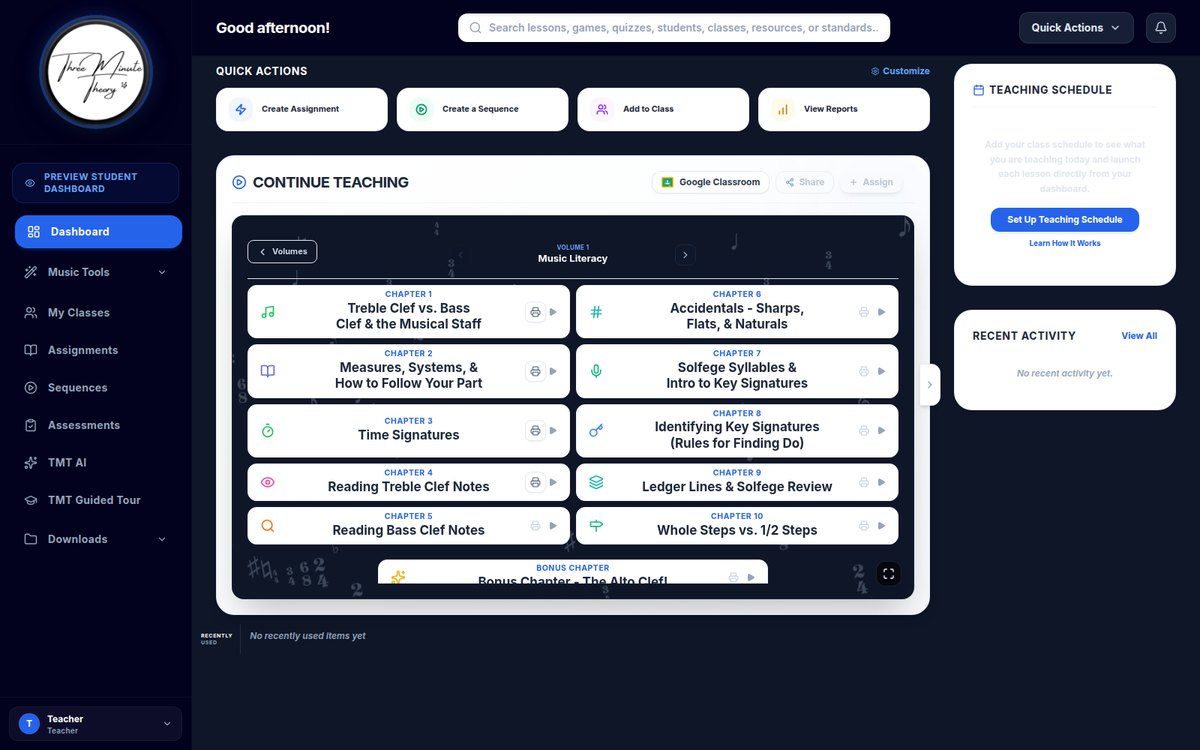 Three Minute Theory teacher dashboard with the Continue Teaching panel open to Volume 1, Music Literacy, listing Chapters 1 to 10 such as Treble Clef vs. Bass Clef and the Musical Staff, Time Signatures, and Accidentals, beside a Teaching Schedule panel