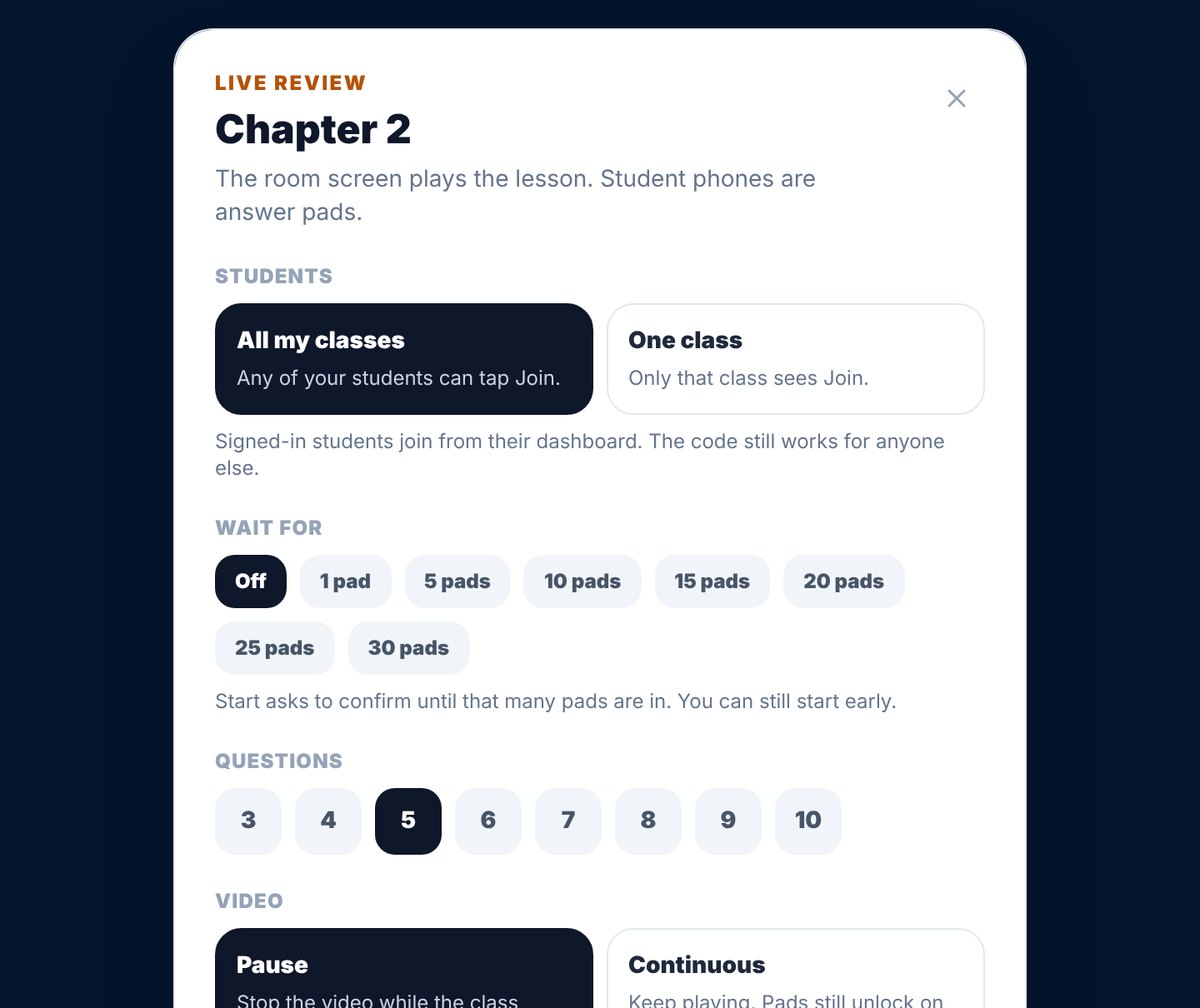 Live Review setup window in Three Minute Theory for Chapter 2, explaining that the room screen plays the lesson and student phones are answer pads, with options for All my classes or One class, Wait for a number of pads, 3 to 10 questions, and a Pause or Continuous video setting