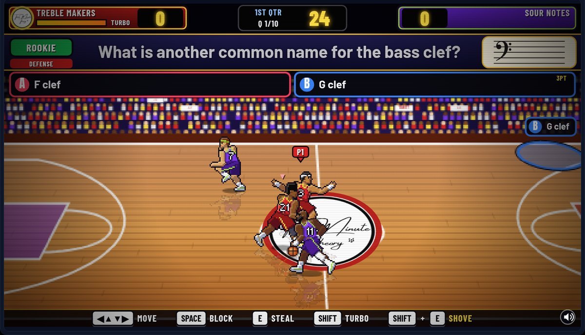 TMT Basketball review game in Three Minute Theory asking What is another common name for the bass clef, with answer choices F clef and G clef above a basketball court with two players
