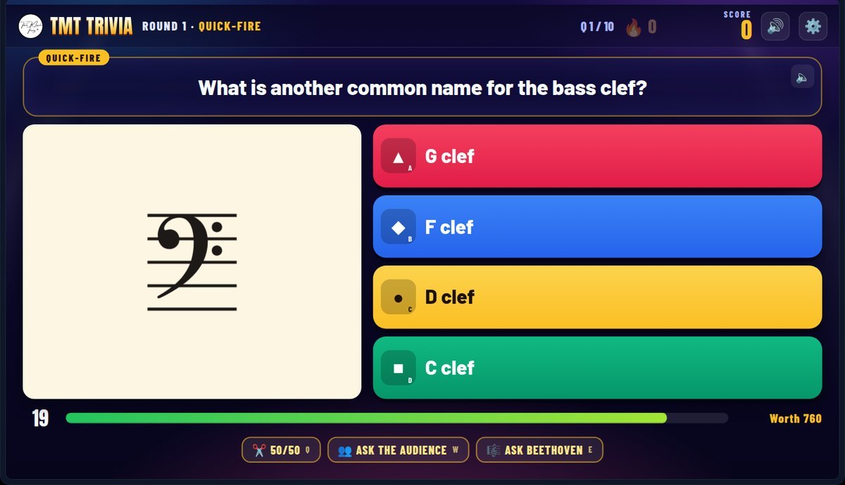 TMT Trivia game in Three Minute Theory, Round 1 Quick-Fire, asking What is another common name for the bass clef, with a bass clef image and four answer choices: G clef, F clef, D clef, and C clef