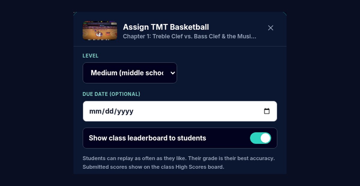 Assign TMT Basketball dialog for Chapter 1 with the Level set to Medium (middle school), an optional due date, and a toggle to show the class leaderboard to students