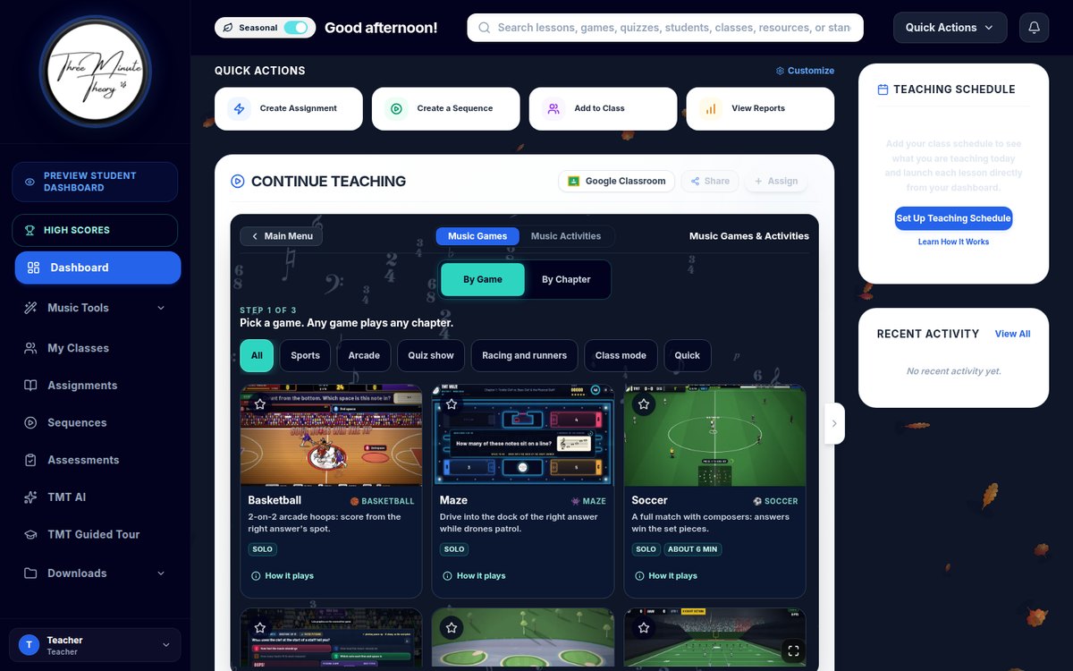 Three Minute Theory teacher dashboard showing Continue Teaching with Music Games selected, By Game and By Chapter buttons, game cards for Basketball, Maze, and Soccer, and a Teaching Schedule panel