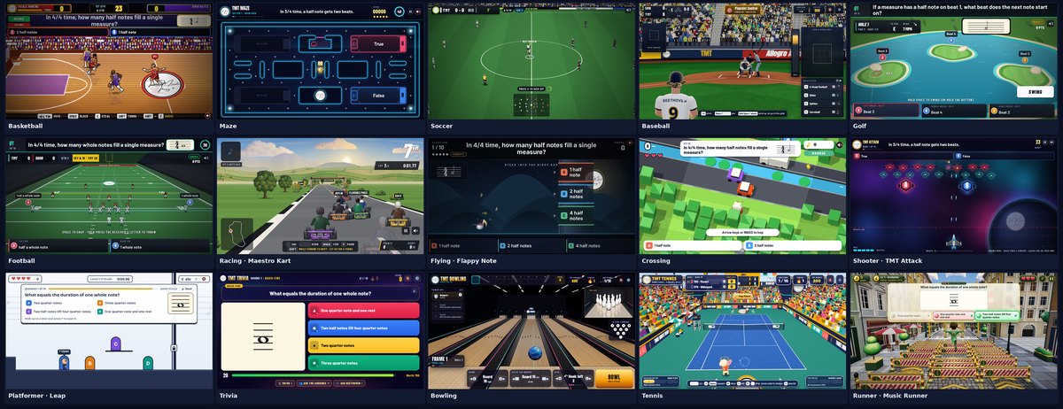 Grid of fifteen Three Minute Theory review game styles, including basketball, maze, soccer, racing, bowling, tennis, and trivia, each showing a music theory question