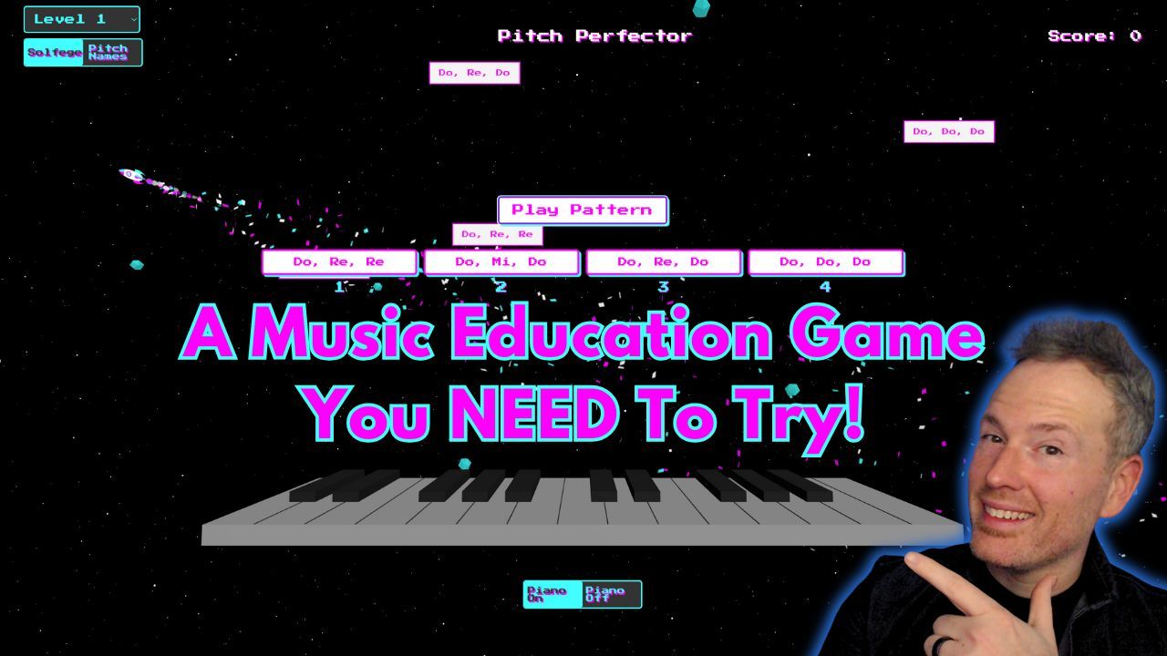 Pitch Perfector game in Three Minute Theory with a Play Pattern button, four solfege answer choices such as Do, Mi, Do, a level menu, and an on-screen piano