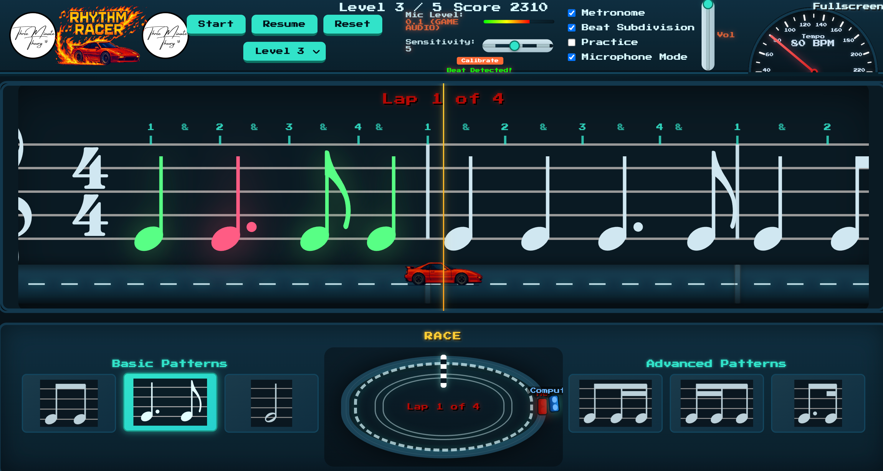Rhythm Racer game in Three Minute Theory on Level 3 at 80 BPM, with quarter, dotted quarter, and eighth notes on a staff above a race car on a track, Metronome, Beat Subdivision, and Microphone Mode options, and Basic and Advanced Patterns below